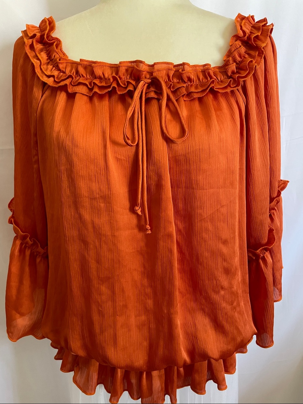 Banana Monkey Boho Ruffled Off- The-Shoulder Blouse Top Orange.
